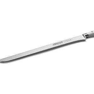 ARCOS Forged Slicing Knife / Ham Knife 12 Inch Nitrum Stainless Steel and 300 mm blade. Ergonomic Polyoxymethylene POM Handle. Series Riviera Blanc. Thin blade with a characteristic smooth edge. Color White.