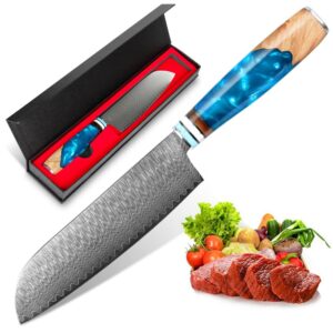 keenzo damascus santoku knife 7 inch, professional chef knfe set, japanese hand-forged kitchen knives set, super sharp 67-layers damascus steel knife for cooking, chopping & meat cutting with gift box