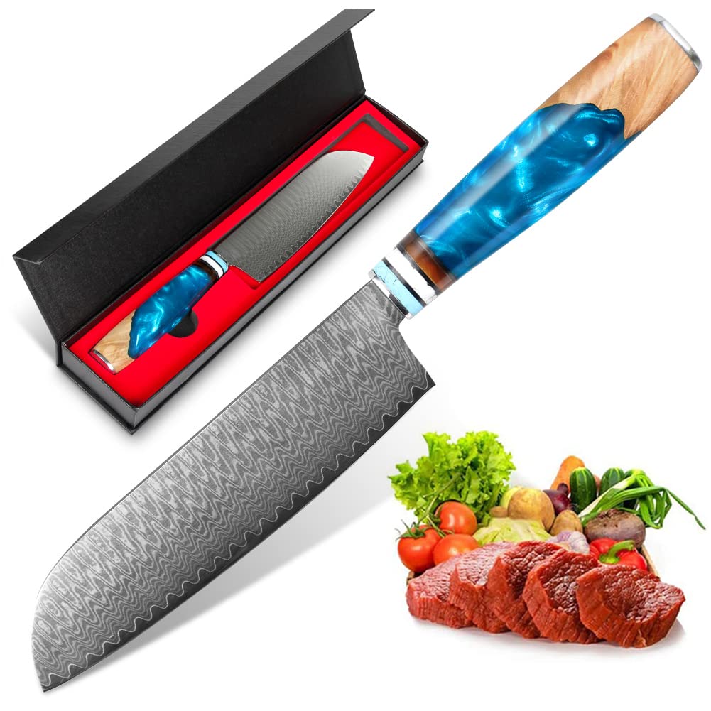 KEENZO Damascus Santoku Knife 7 inch, Professional Chef Knfe set, Japanese Hand-Forged Kitchen Knives set, Super Sharp 67-Layers Damascus Steel Knife for Cooking, Chopping & Meat Cutting with Gift Box