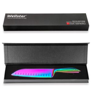 Santoku Knife 7 Inch WELLSTAR, Super Sharp German Steel Kitchen Cooking Knife with Comfortable Handle and Rainbow Titanium Coating for Chopping Slicing Dicing and Mincing of Meat Vegetables and Fruits