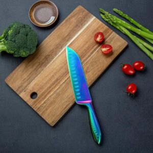 Santoku Knife 7 Inch WELLSTAR, Super Sharp German Steel Kitchen Cooking Knife with Comfortable Handle and Rainbow Titanium Coating for Chopping Slicing Dicing and Mincing of Meat Vegetables and Fruits