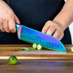 Santoku Knife 7 Inch WELLSTAR, Super Sharp German Steel Kitchen Cooking Knife with Comfortable Handle and Rainbow Titanium Coating for Chopping Slicing Dicing and Mincing of Meat Vegetables and Fruits