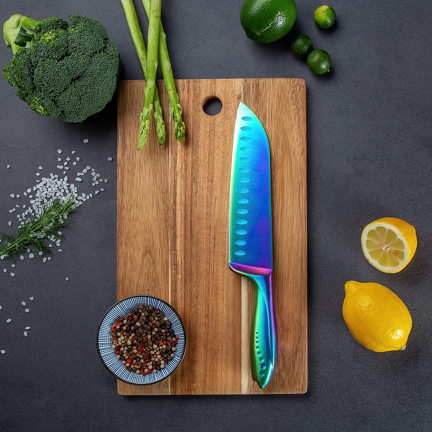 Santoku Knife 7 Inch WELLSTAR, Super Sharp German Steel Kitchen Cooking Knife with Comfortable Handle and Rainbow Titanium Coating for Chopping Slicing Dicing and Mincing of Meat Vegetables and Fruits