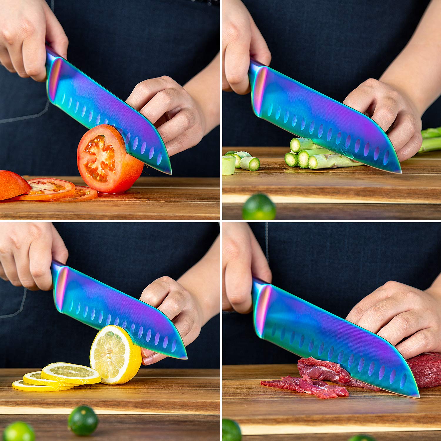 Santoku Knife 7 Inch WELLSTAR, Super Sharp German Steel Kitchen Cooking Knife with Comfortable Handle and Rainbow Titanium Coating for Chopping Slicing Dicing and Mincing of Meat Vegetables and Fruits