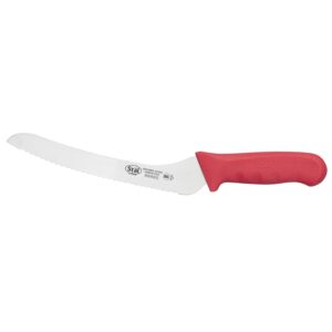 winco kwp-92r stäl stamped cutlery offset bread knife 9" stainless steel blade, wavy edge, red plastic handle