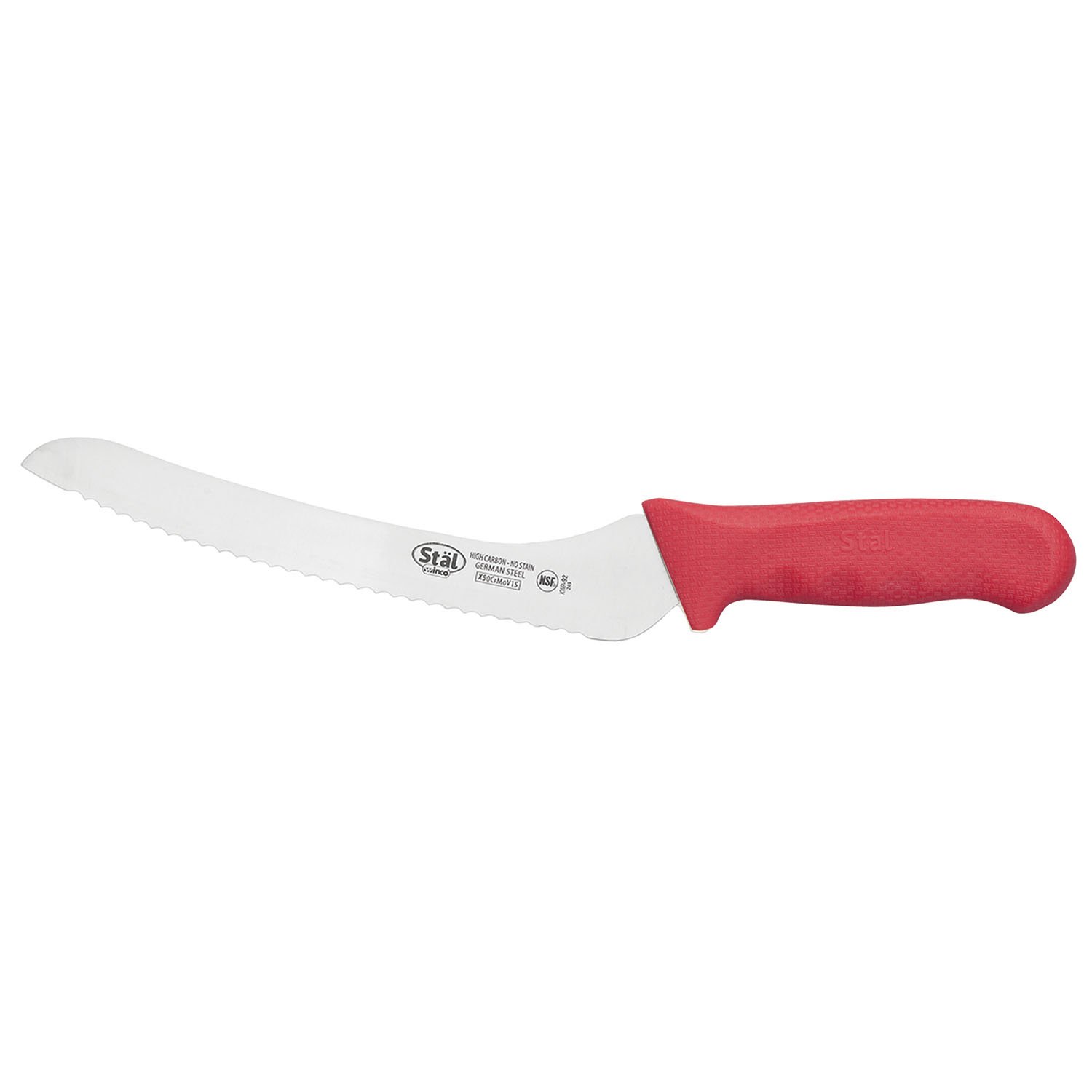 Winco KWP-92R Stäl Stamped Cutlery Offset Bread Knife 9" Stainless Steel Blade, Wavy Edge, Red Plastic Handle