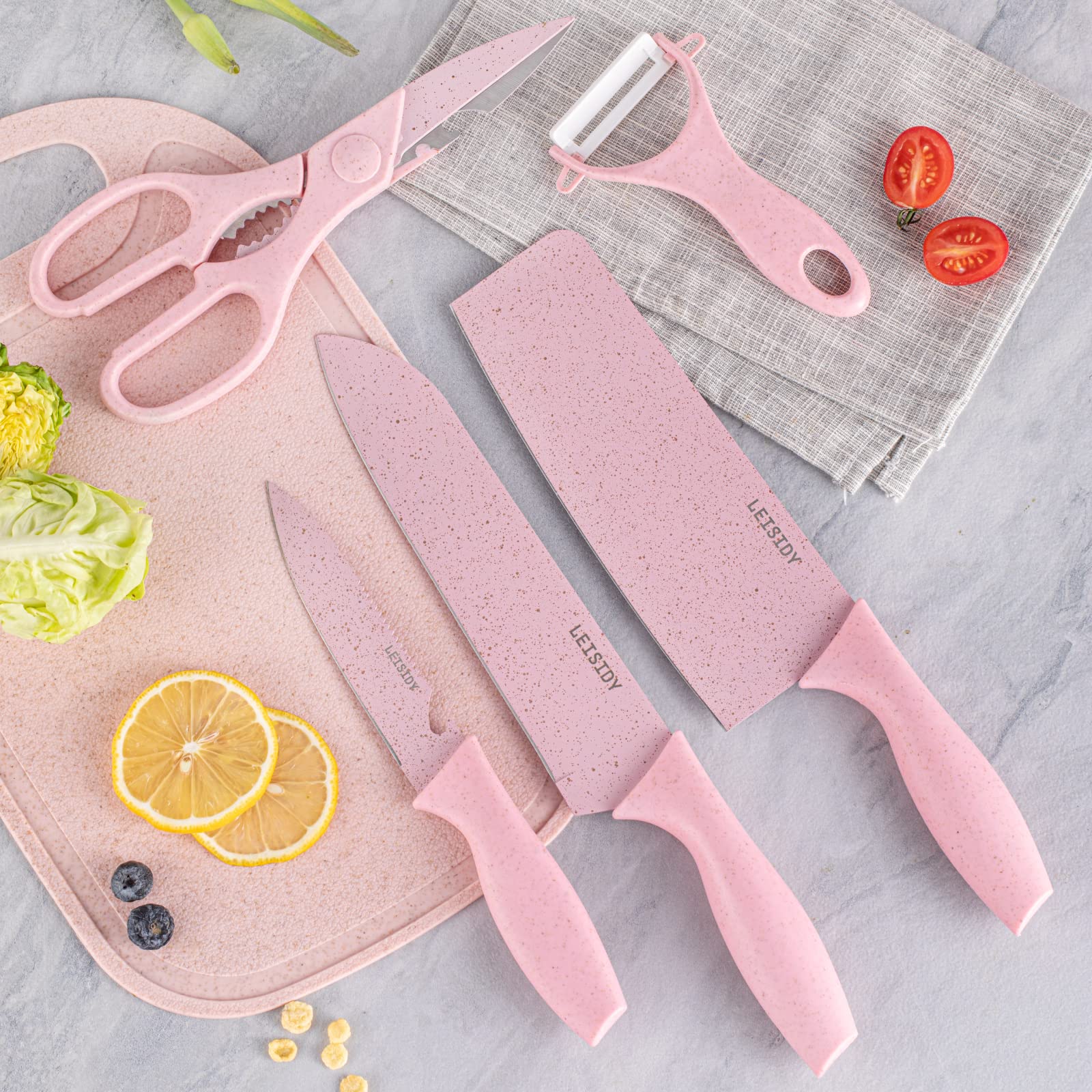 LEISIDY 7 Pieces of Pink Kitchen Knife Set - Non-stick Stainless Steel Kitchen Knives Set with 1 Scissor & 1 Peeler Stand and Chopping Board with Gift Box