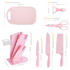 LEISIDY 7 Pieces of Pink Kitchen Knife Set - Non-stick Stainless Steel Kitchen Knives Set with 1 Scissor & 1 Peeler Stand and Chopping Board with Gift Box