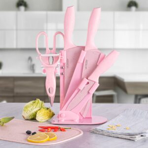 LEISIDY 7 Pieces of Pink Kitchen Knife Set - Non-stick Stainless Steel Kitchen Knives Set with 1 Scissor & 1 Peeler Stand and Chopping Board with Gift Box