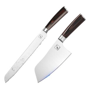 lmarku bread knife and cleaver knife bread slicing knife 10-inch serrated edge cake knife meat cleaver 7" high carbon steel chef knife