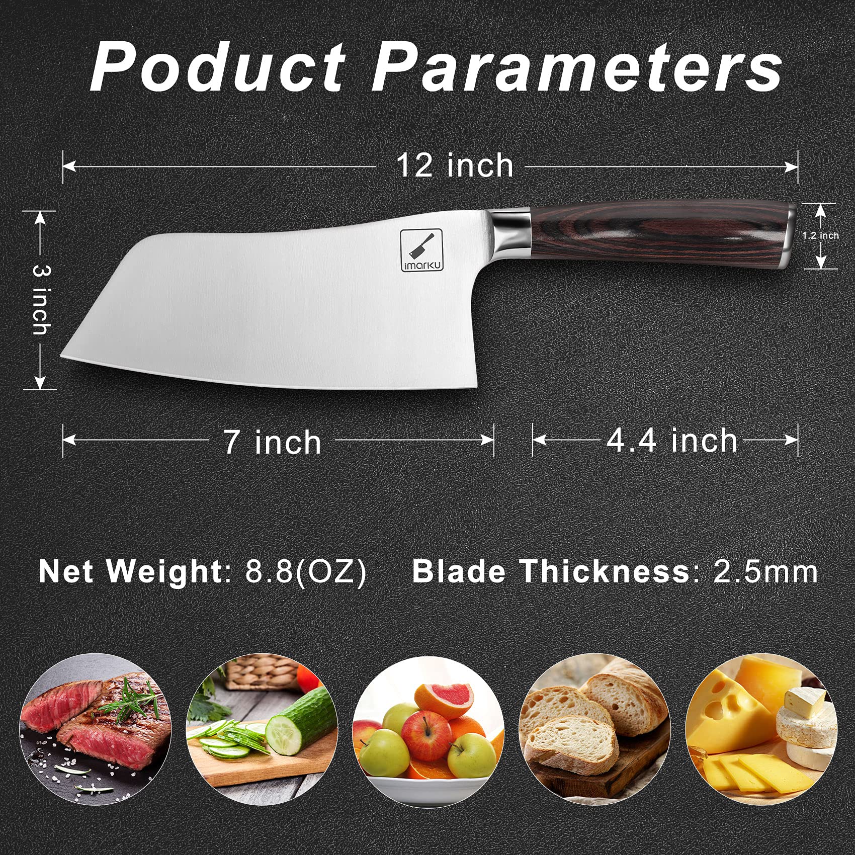 lmarku Bread Knife and Cleaver Knife Bread Slicing Knife 10-Inch Serrated Edge Cake Knife Meat Cleaver 7" High Carbon Steel Chef Knife