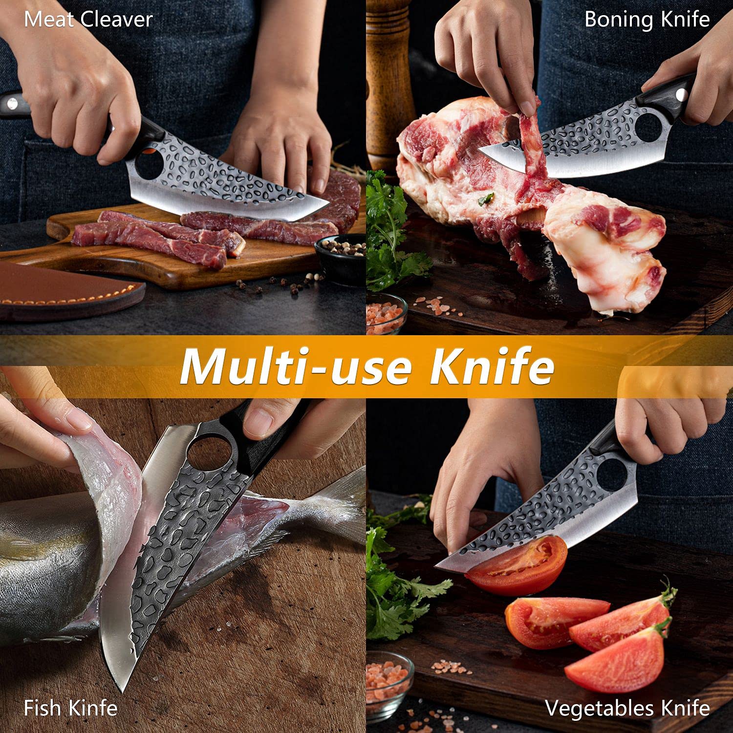 VECELO Viking Knife with Sheath, Butcher Boning Knife Forged Boning Knife High Carbon Steel Meat Cleaver Knife Multipurpose Chef Knives for Kitchen, BBQ, Camping, Gifts for Parent, Friends