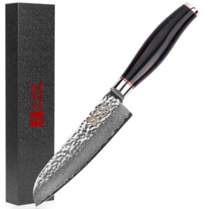 sunlong chef's knives santoku 5 inch japanese hammered damascus steel natural ebony wood handle