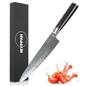ikyppah damascus chef knife 8 inch, japanese aus10 steel and ebony handle,in gift box