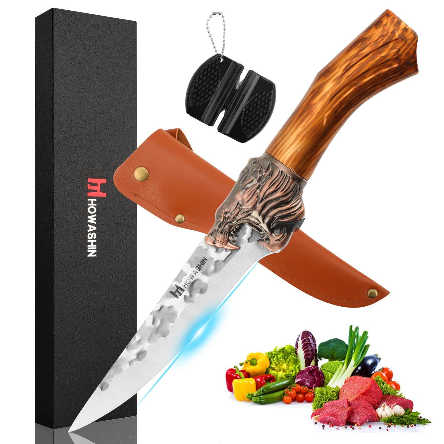 Howashin 6 Inch Boning Knife Meat Cleaver Knife With Sheath Sharp Chef Knife Ergonomic Handle With Sheath and Christmas Gift Box