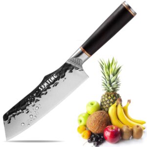 SMTENG Nakiri Knife 7 Inch Professional Chef Knife 3 layer 9CR18MOV clad steel hammered with Ergonomic Pakkwood handle kitchen knife for cooking