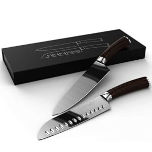 enfmay kitchen knives set, high carbon 8inch chef knife and 7inch santoku with ergonomic pakkawood handles, gift wrapped, dark brown