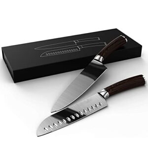 Enfmay Kitchen Knives Set, High Carbon 8inch Chef Knife and 7inch Santoku with Ergonomic Pakkawood Handles, Gift Wrapped, Dark Brown