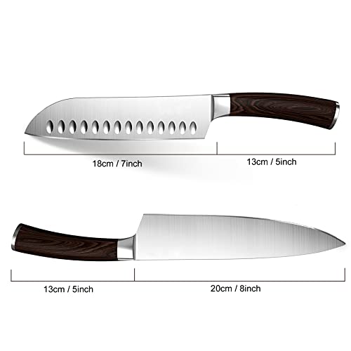 Enfmay Kitchen Knives Set, High Carbon 8inch Chef Knife and 7inch Santoku with Ergonomic Pakkawood Handles, Gift Wrapped, Dark Brown