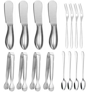 linwnil stainless steel spreader knife set,4pcs cheese butter spreader cheese slicer knife 4pcs mini serving tongs 4pcs spoons and 4pcs forks