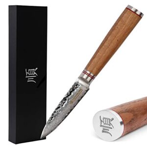 yousunlong paring knives 3.5 inch - japanese hammered damascus steel peeling knife - natural walnut wooden handle