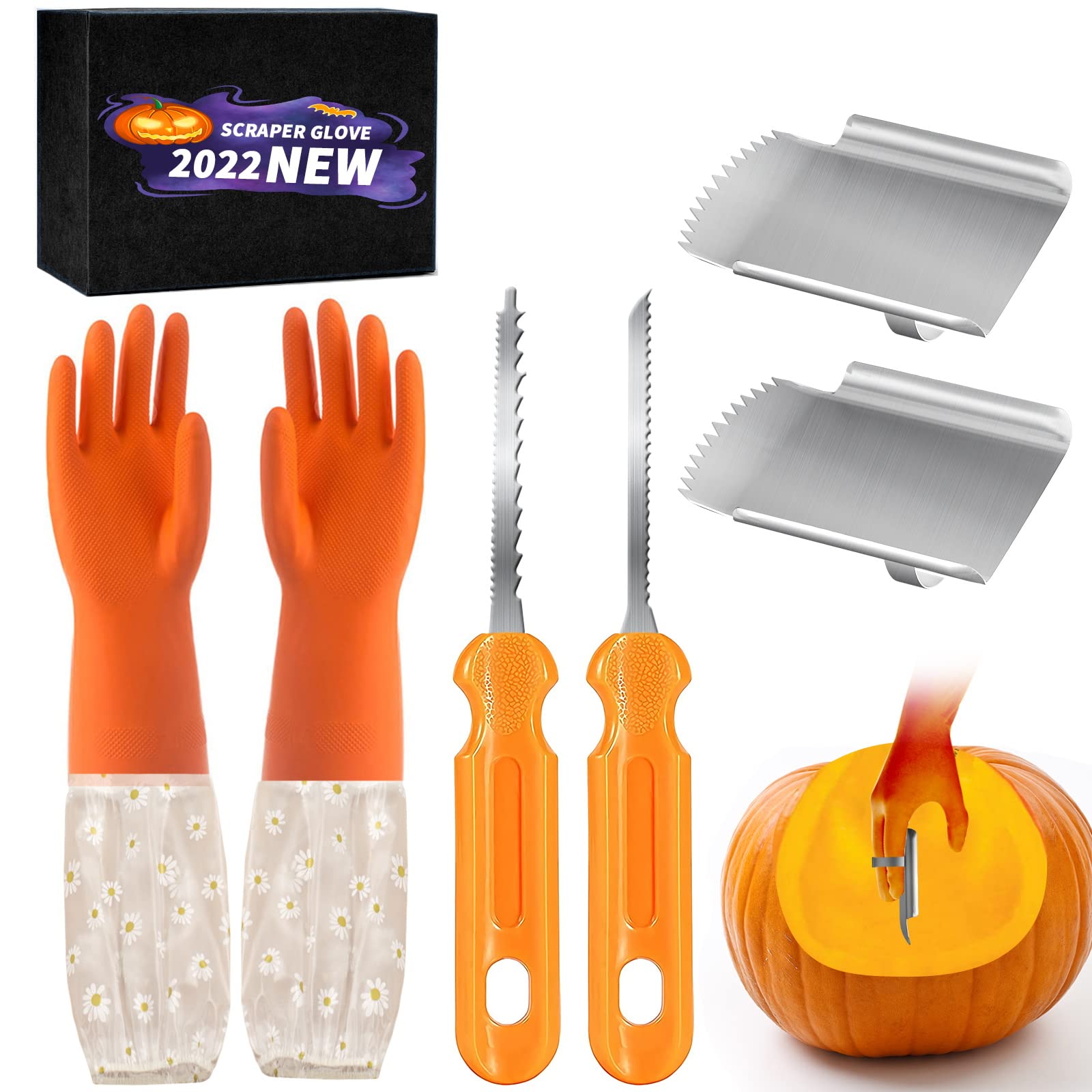 LASGU 2 Pcs Pumpkin Carving Scraper Glove Kit,Ergonomically Designed Pumpkin Carving Tool with 2 Pumpkin Scrapers Gloves & Pumpkin Knife for Halloween