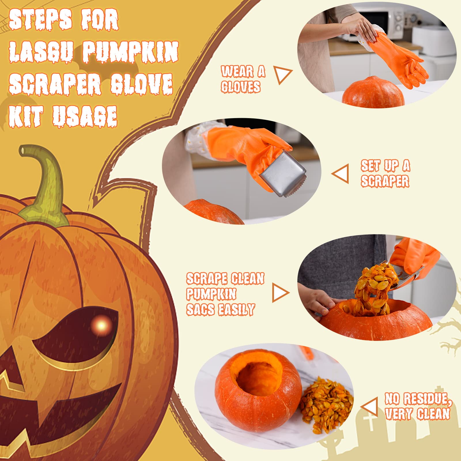 LASGU 2 Pcs Pumpkin Carving Scraper Glove Kit,Ergonomically Designed Pumpkin Carving Tool with 2 Pumpkin Scrapers Gloves & Pumpkin Knife for Halloween