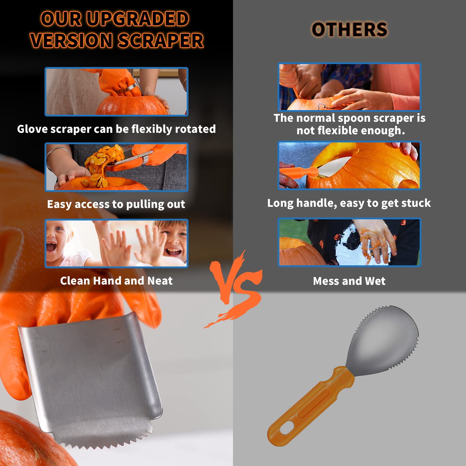 LASGU 2 Pcs Pumpkin Carving Scraper Glove Kit,Ergonomically Designed Pumpkin Carving Tool with 2 Pumpkin Scrapers Gloves & Pumpkin Knife for Halloween