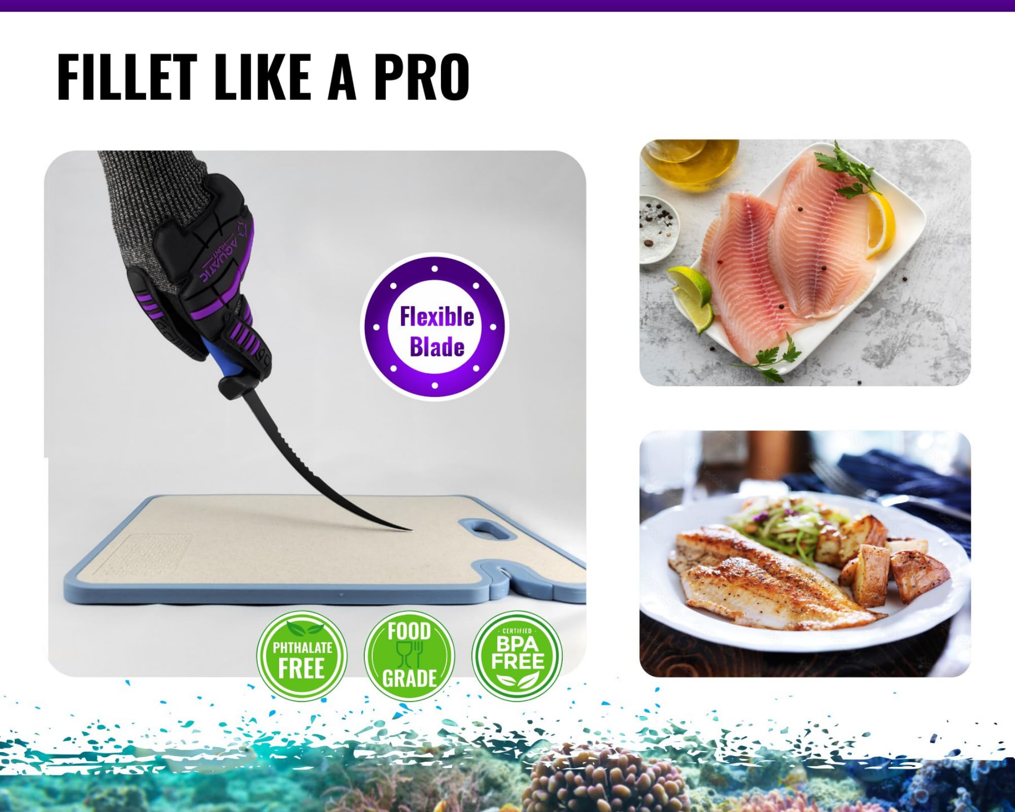 Pro 3-in-1 Set: 6.5” Fish Fillet/Boning Knife - 12” Non-slip Cutting Board - Ceramic Knife Sharpener