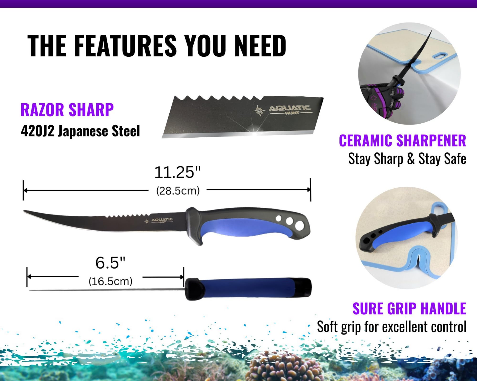 Pro 3-in-1 Set: 6.5” Fish Fillet/Boning Knife - 12” Non-slip Cutting Board - Ceramic Knife Sharpener