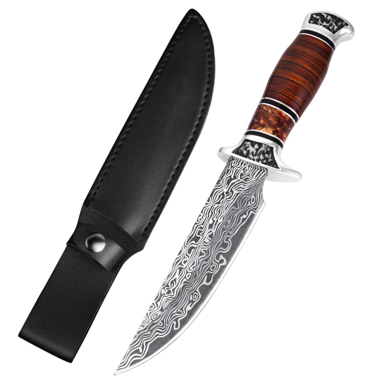 Link Knife 11 Inch Manual Damascus Hunting Knife with Wooden Handle, Men's Fixed Blade Survival Knife with Leather Sheath