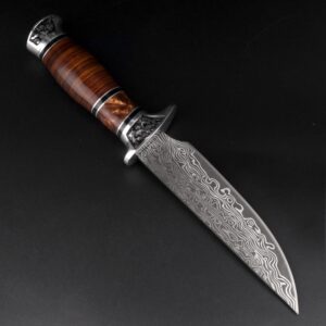 Link Knife 11 Inch Manual Damascus Hunting Knife with Wooden Handle, Men's Fixed Blade Survival Knife with Leather Sheath