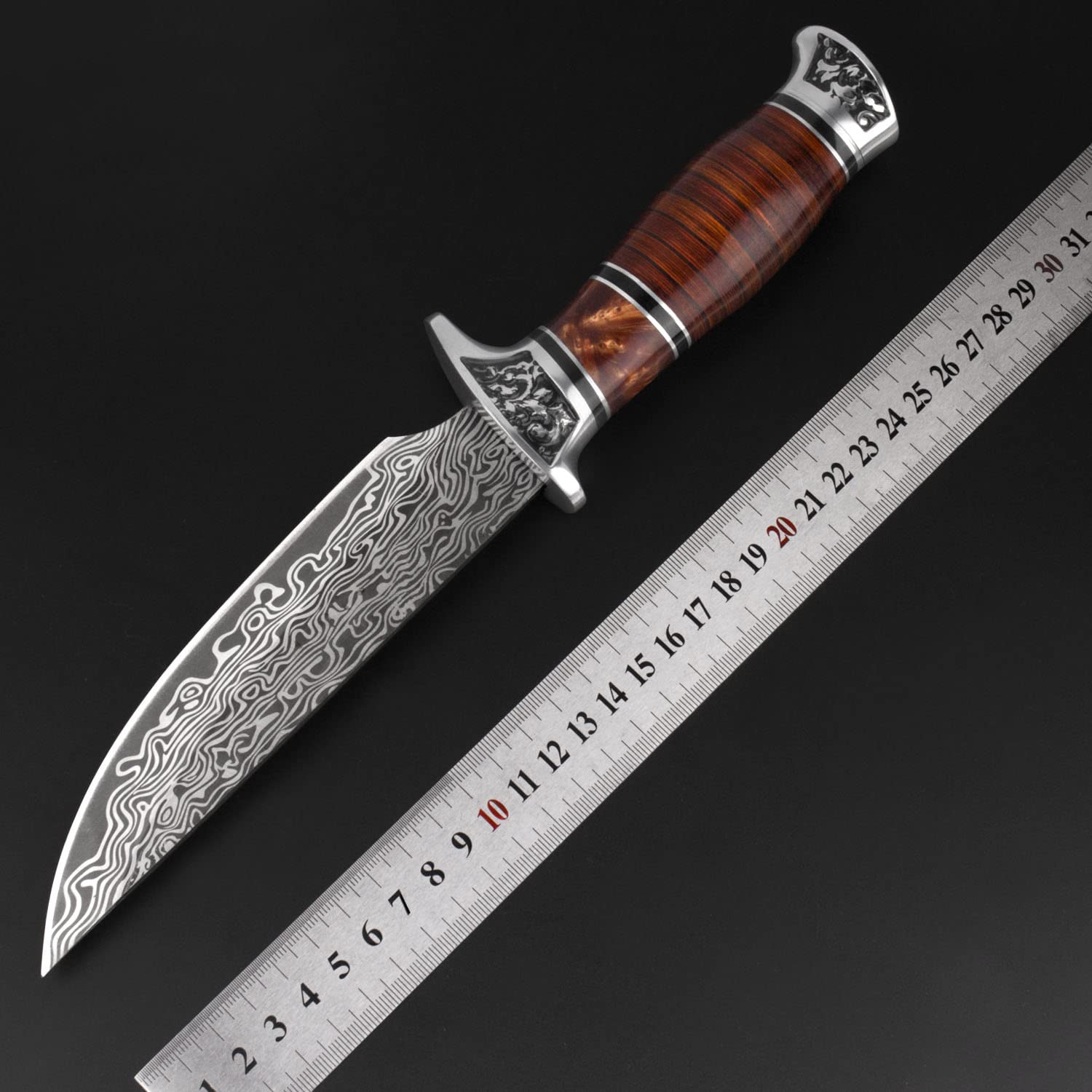 Link Knife 11 Inch Manual Damascus Hunting Knife with Wooden Handle, Men's Fixed Blade Survival Knife with Leather Sheath