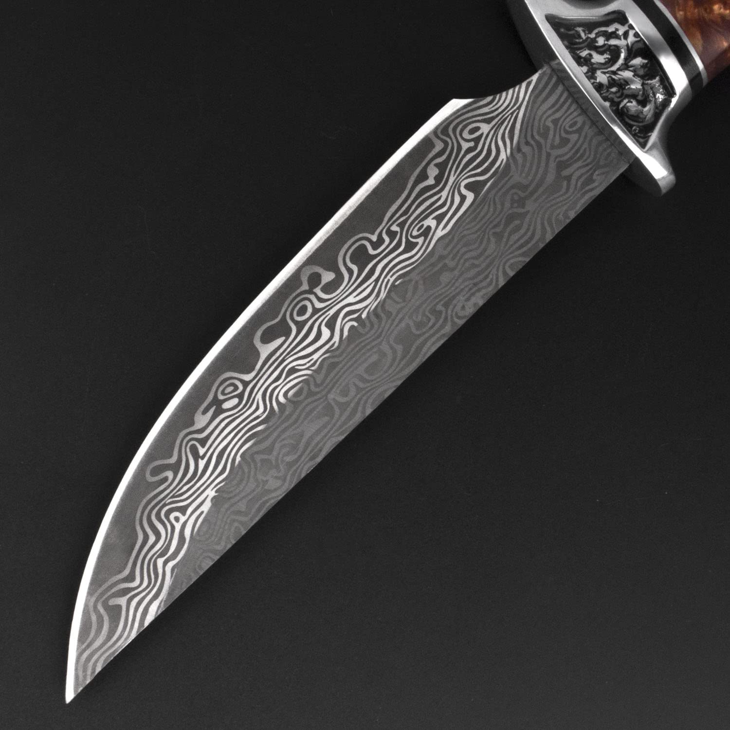 Link Knife 11 Inch Manual Damascus Hunting Knife with Wooden Handle, Men's Fixed Blade Survival Knife with Leather Sheath