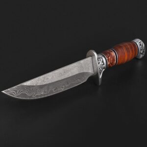 Link Knife 11 Inch Manual Damascus Hunting Knife with Wooden Handle, Men's Fixed Blade Survival Knife with Leather Sheath