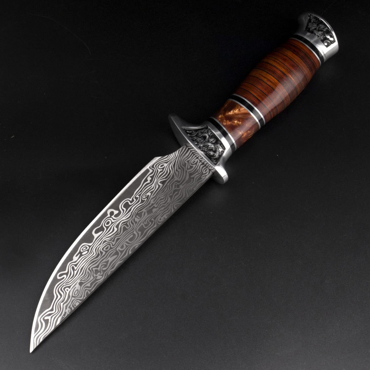 Link Knife 11 Inch Manual Damascus Hunting Knife with Wooden Handle, Men's Fixed Blade Survival Knife with Leather Sheath