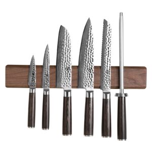 xinzuo walnut wood knife magnetic strips 16 inch, double row round magnets magnetic knife holder for wall -magnetic knife bar- works with kinds of kitchen tools -space saver knife rack