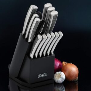 Knife Set, Knife Set for Kitchen, 14-Piece Stainless Steel Kitchen Knife Block Sets with Built-in Sharpener, Rotating Block