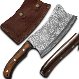 handmade damascus steel meat cleaver knife full tang kitchen knife for home and outdoor, butcher knife, chopper knife with real leather sheath