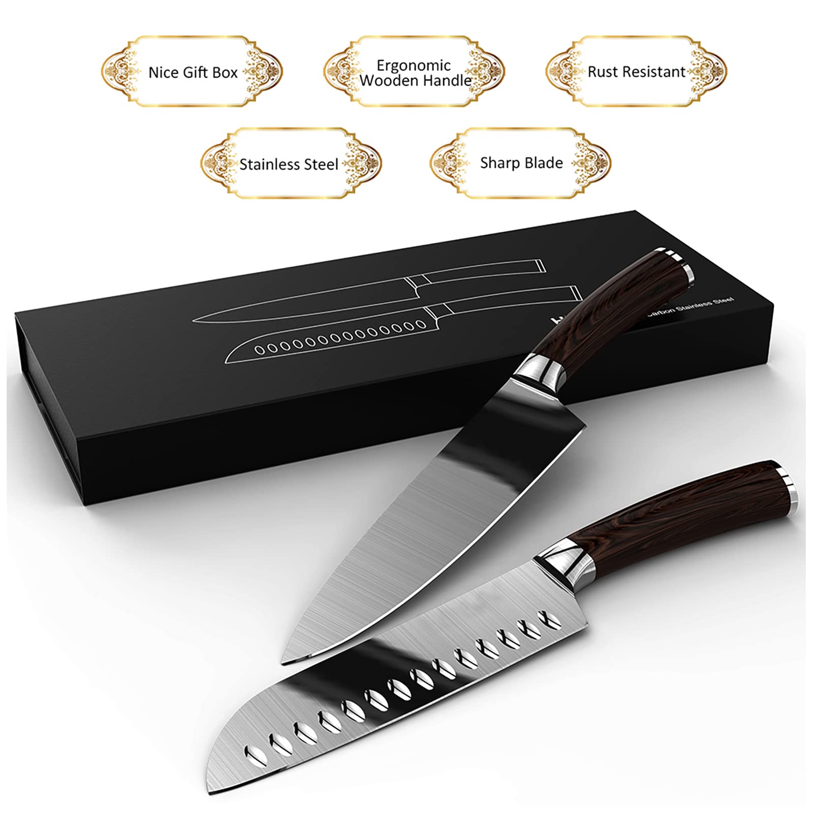 Grifucher Chef knife, 2 Pieces Knife Set Including 7 Inch Japanese and 8 Carving High Carbon Stainless Steel Kitchen with Ergonomic Handle, Black Gift Box Mothers Day Gifts