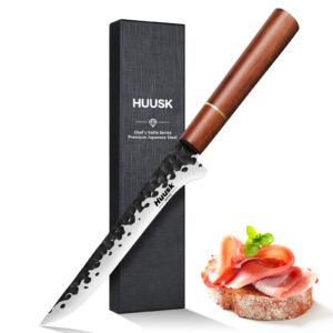 huusk boning knife for meat cutting, 7 inch fillet knife hand forged carbon steel butcher knife, brisket trimming knife for meat and poultry fish with rosewood handle gift box