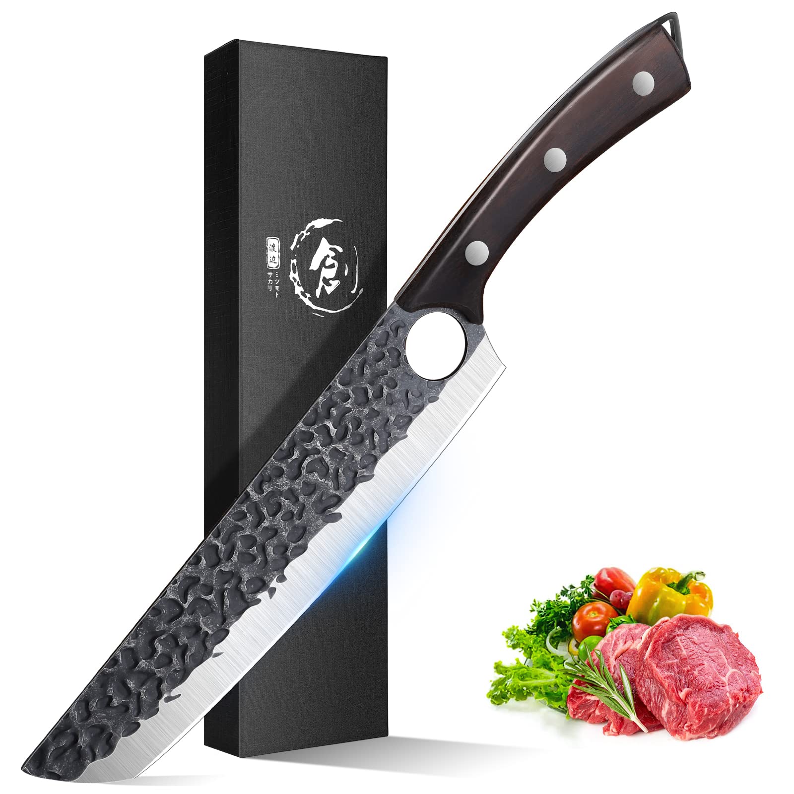 Purple Dragon Butcher Knife Meat Cleaver 7.5 Inch Hand forged Chef Knife Japan High Carbon Steel Knife for Meat Vegetable Full Tang Long Handle Sharp Carving Knife