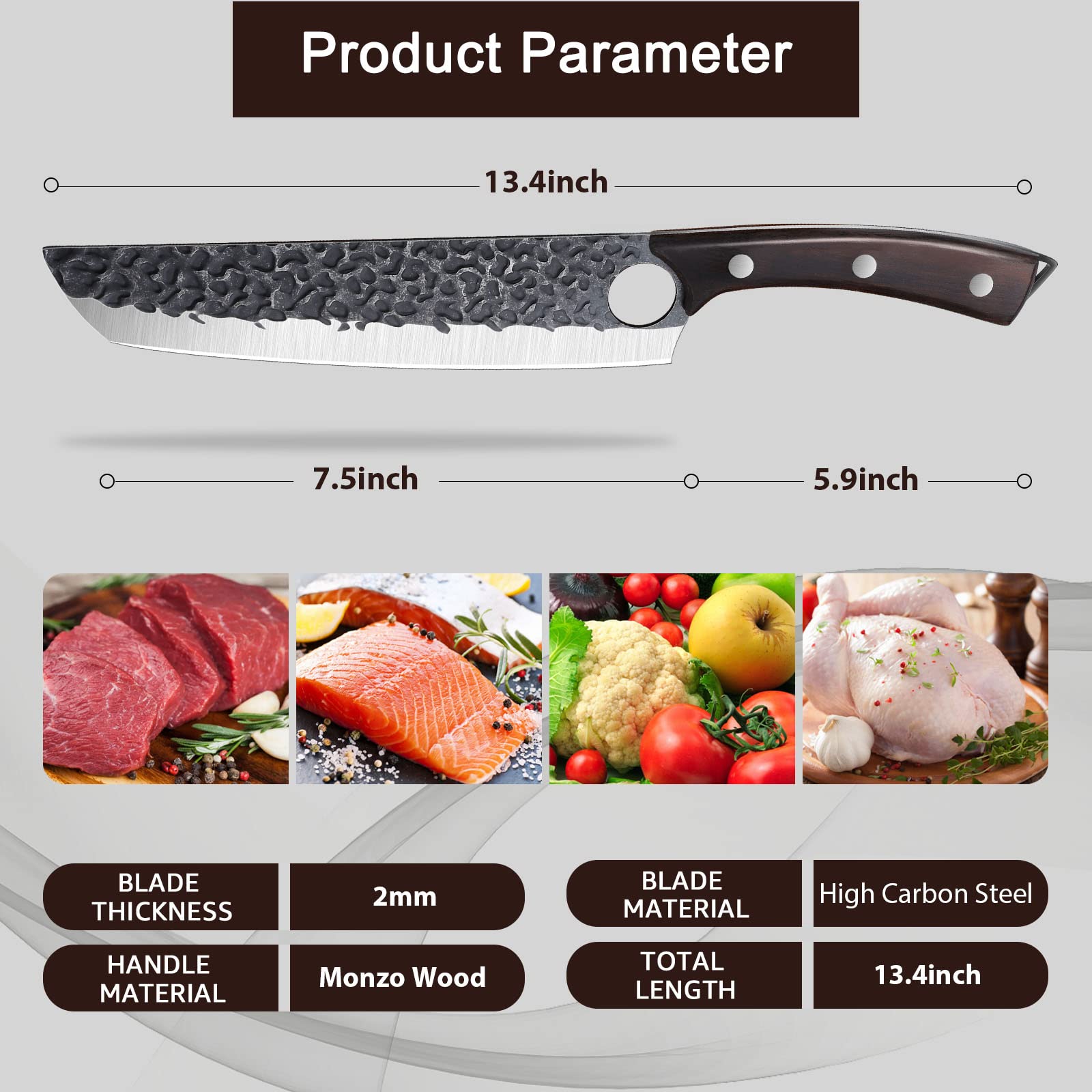 Purple Dragon Butcher Knife Meat Cleaver 7.5 Inch Hand forged Chef Knife Japan High Carbon Steel Knife for Meat Vegetable Full Tang Long Handle Sharp Carving Knife