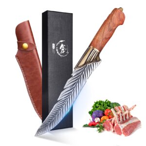 purplebird feather boning butcher knife with leather sheath hand forged japanese viking knife outdoor knife carbon steel meat cutting cleaver for camping, bbq, collection