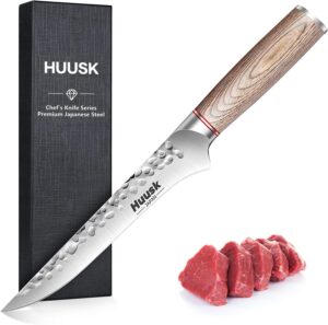 huusk japan knife, boning for meat cutting 6.5-inch, hand forged fillet knife for meat fish poultry deboning with ergonomic pakkawood handle and gift box