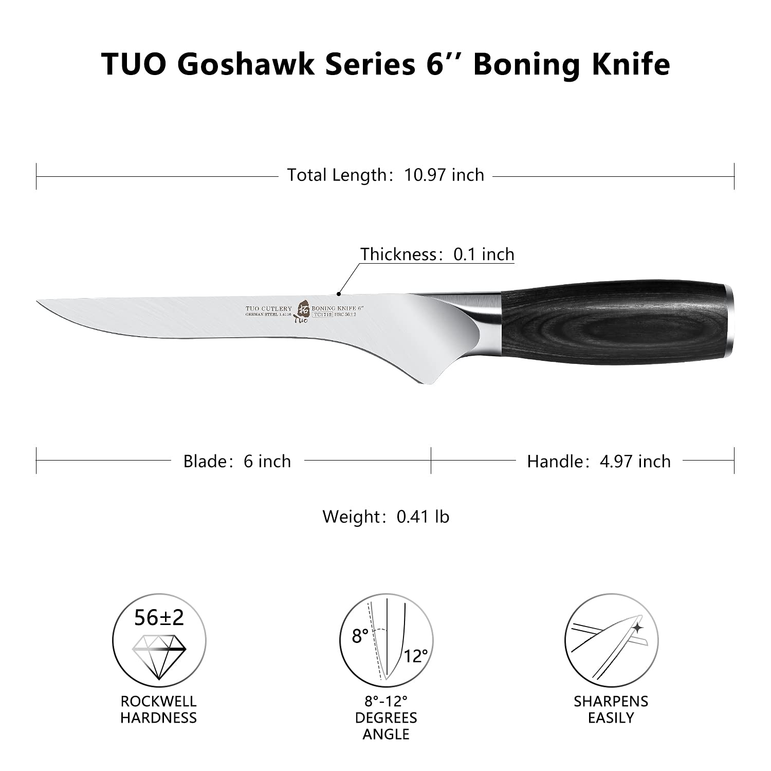 TUO 6 inch Boning Knife, Fish Fillet Knife Deboning Knife for Meat, German HC Super Steel Ergonomic Pakkawood Handle with Gift Box, Goshawk Series