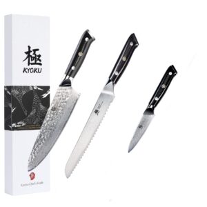 kyoku 3.5" paring knife + 8'' professional chef knife + 8'' serrated bread knife - shogun series - japanese vg10 steel core forged damascus blade