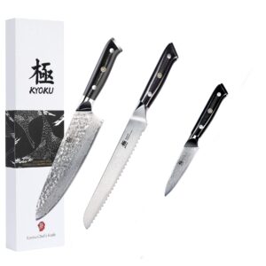 KYOKU 3.5" Paring Knife + 8'' Professional Chef Knife + 8'' Serrated Bread Knife - Shogun Series - Japanese VG10 Steel Core Forged Damascus Blade