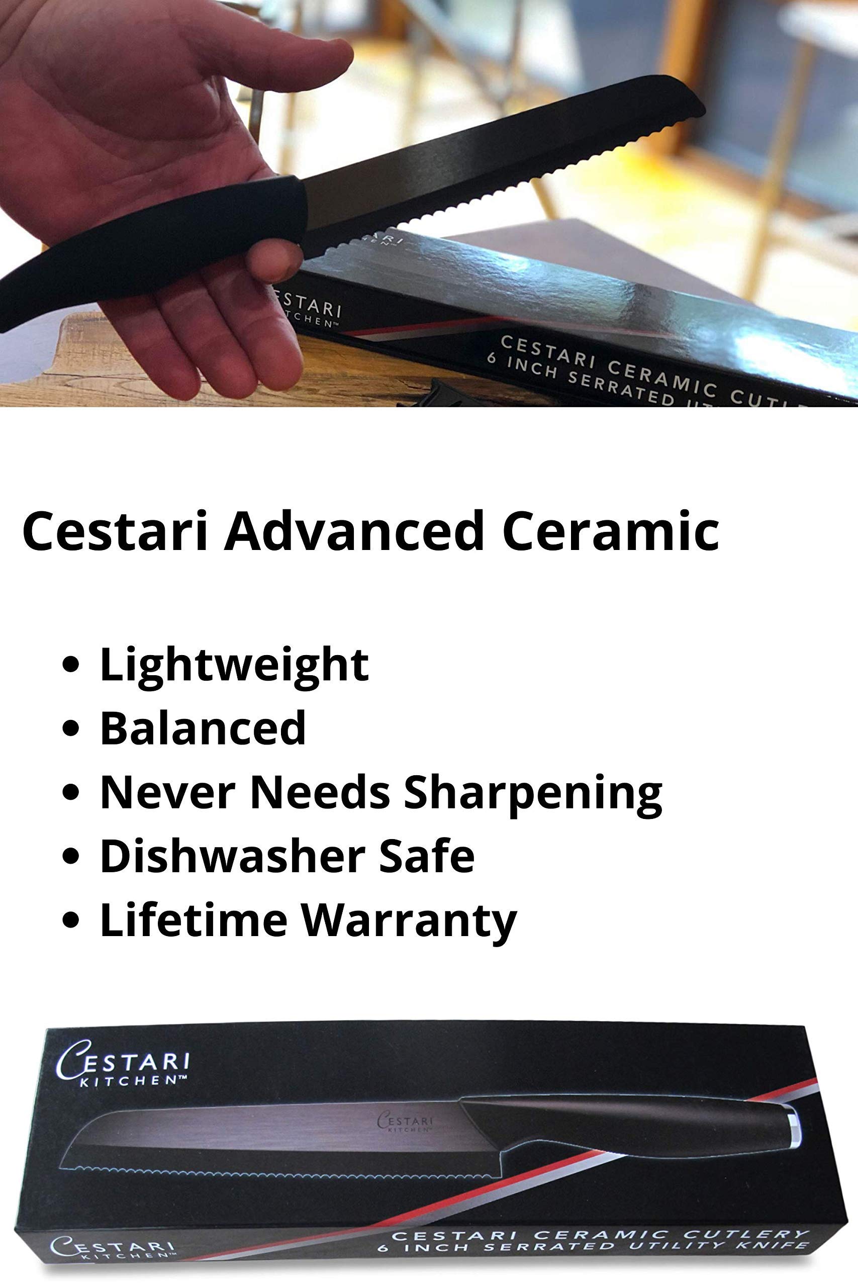 Cestari Serrated Ceramic Knife Set of 2 Knives and Peeler: includes 6 inch Tomato Knife, 8 inch Bread Knife, and Straight Edge Ceramic Vegetable Peeler
