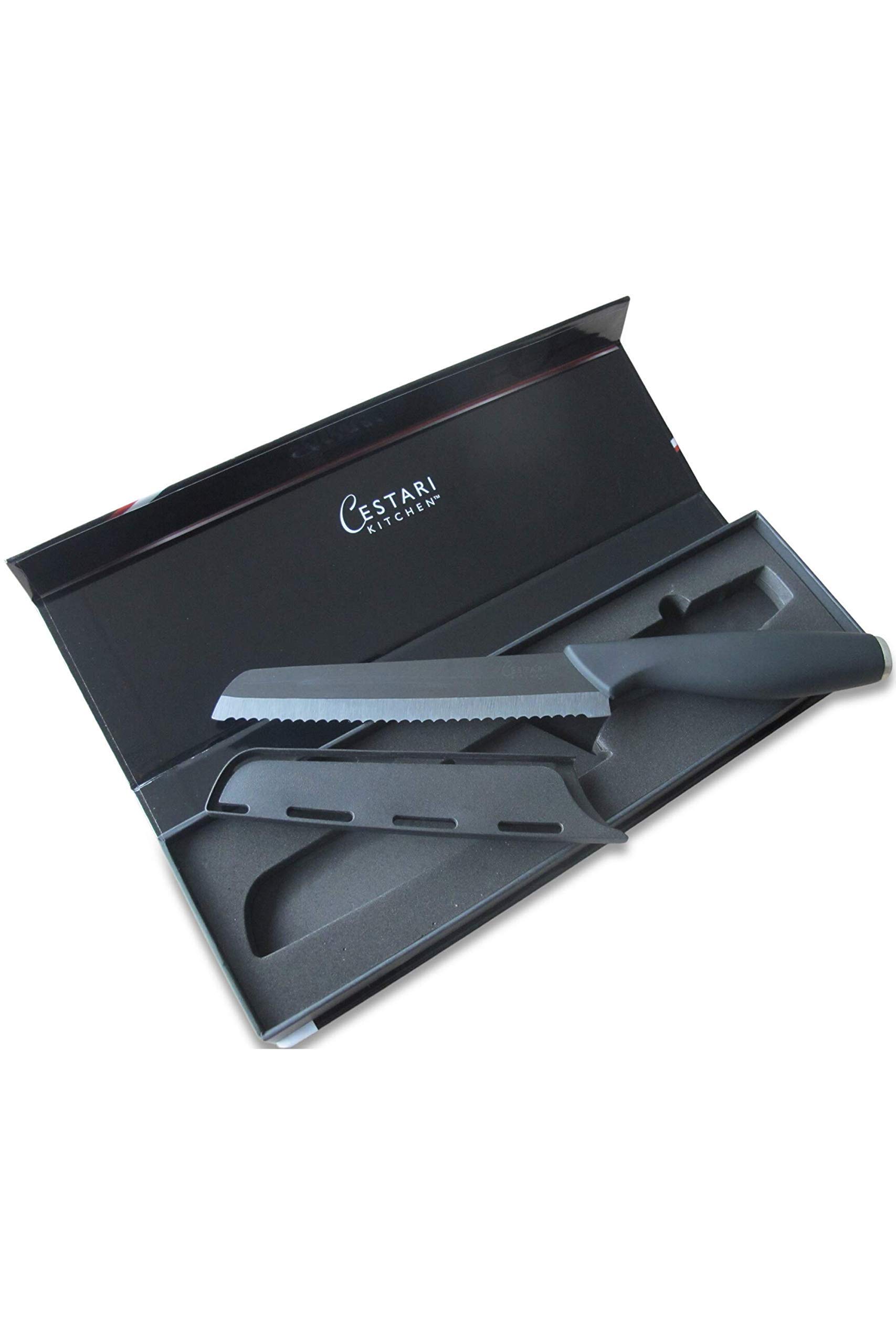 Cestari Serrated Ceramic Knife Set of 2 Knives and Peeler: includes 6 inch Tomato Knife, 8 inch Bread Knife, and Straight Edge Ceramic Vegetable Peeler